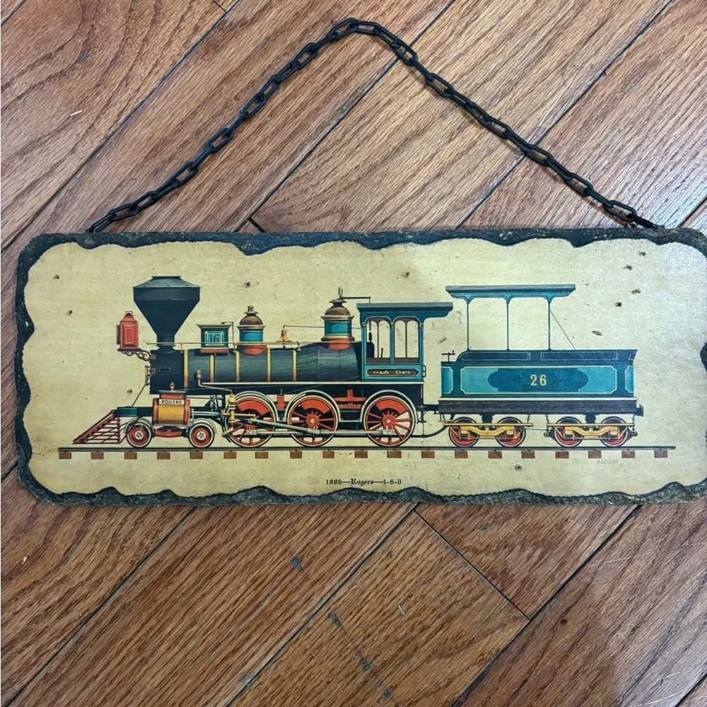 Vintage Wood Train Painting Plaque. 1886 Rodgers 4-6-0 With Metal Chain